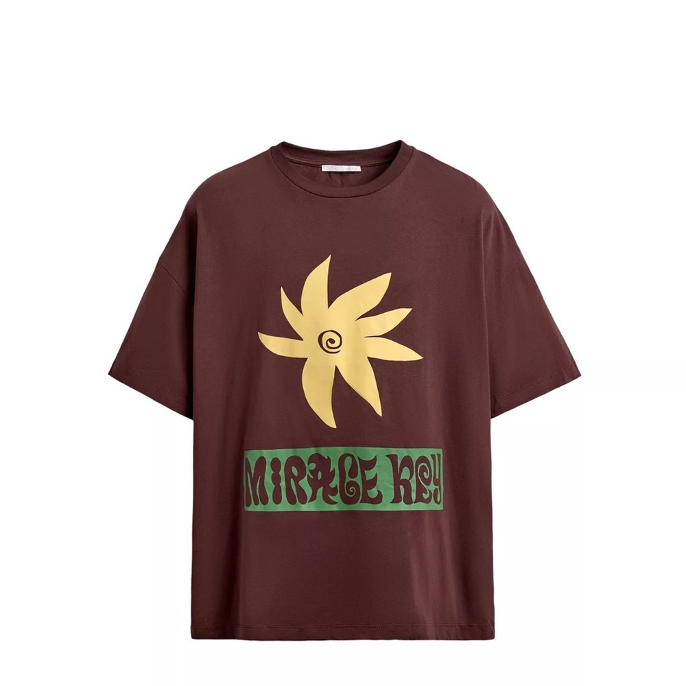 ZARA - Brown Graphic Tee with Yellow Sun Motif